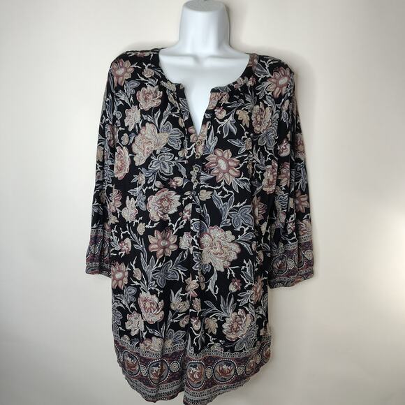 Lucky Brand Tunic Top Womens 1X 3/4 Sleeve Split Neck Flowy Boho Fairy Floral‎ - Picture 1 of 11